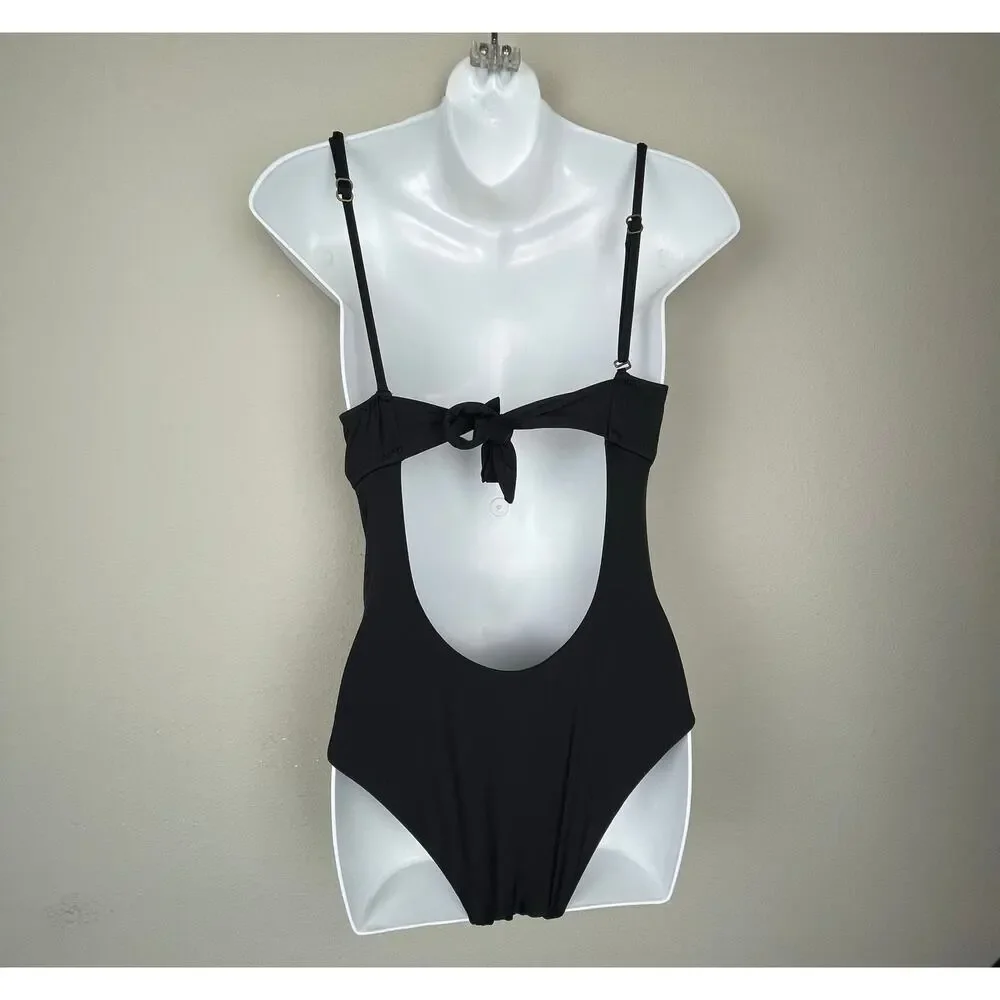 BECCA Black Asymmetrical Neckline One-Piece Swimsuit Sz M Open‎ Tie Back Beach